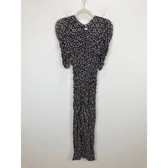 Free People Brielle Midi Dress Mesh Ruched Floral Side Slit Black Combo XS NWT - Picture 6 of 11